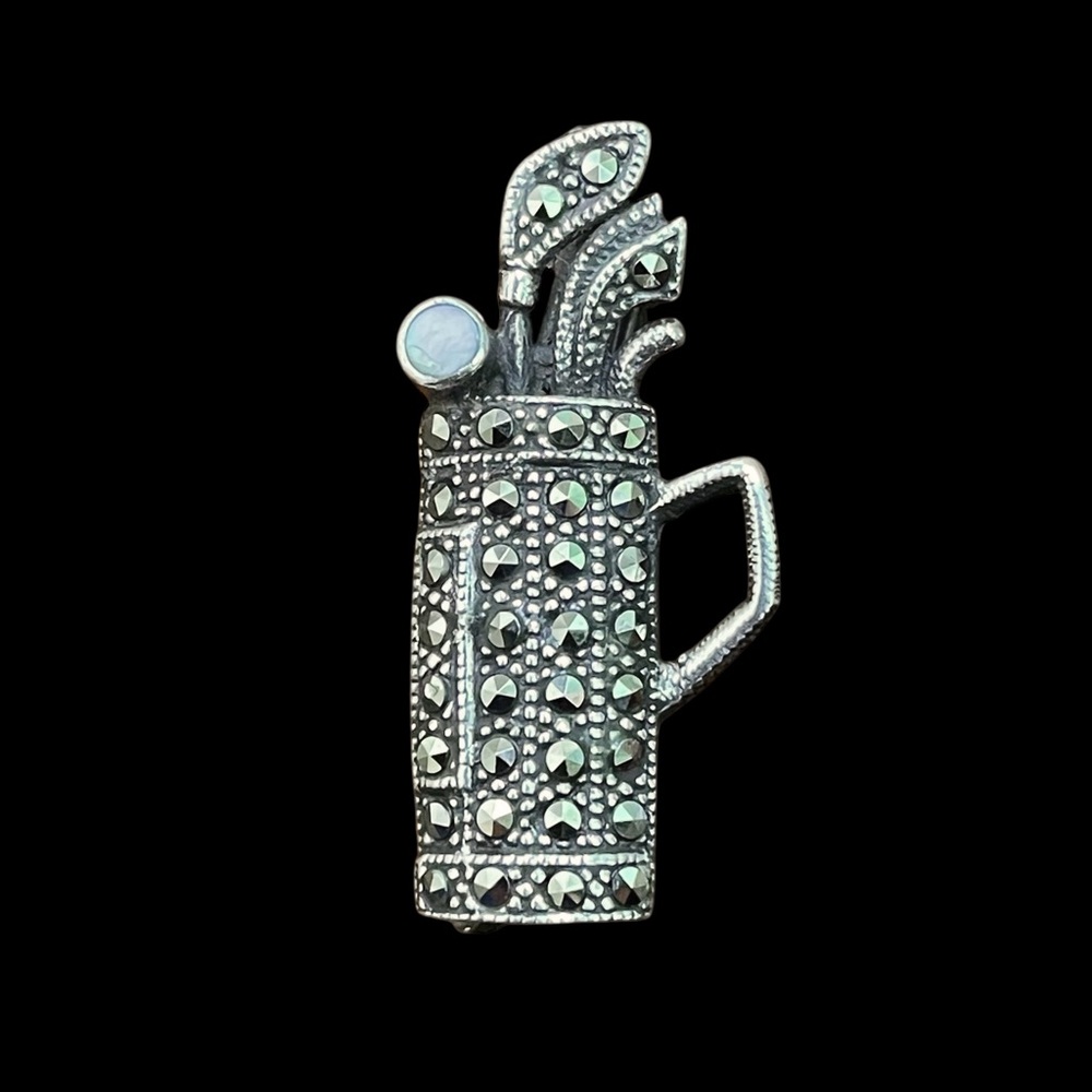 Vtg Marcasite Sterling Silver Golf Club Bag Pin Pendant